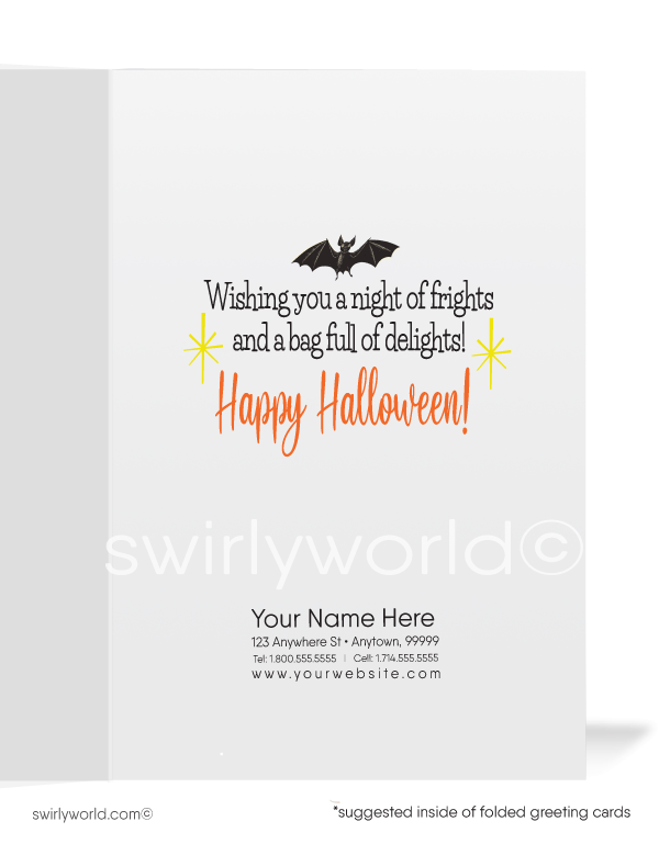 Discover Swirly World's vintage Halloween cards inspired by the 1950s-1960s. Featuring a little ghostly trick-or-treater ringing a doorbell with a spooky black kitty cat by his side. Perfect for mid-century style enthusiasts. Choose single-panel or folded options, with customizable envelopes available.
