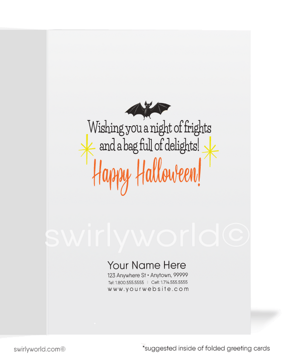 Discover Swirly World's vintage Halloween cards inspired by the 1950s-1960s. Featuring a little ghostly trick-or-treater ringing a doorbell with a spooky black kitty cat by his side. Perfect for mid-century style enthusiasts. Choose single-panel or folded options, with customizable envelopes available.