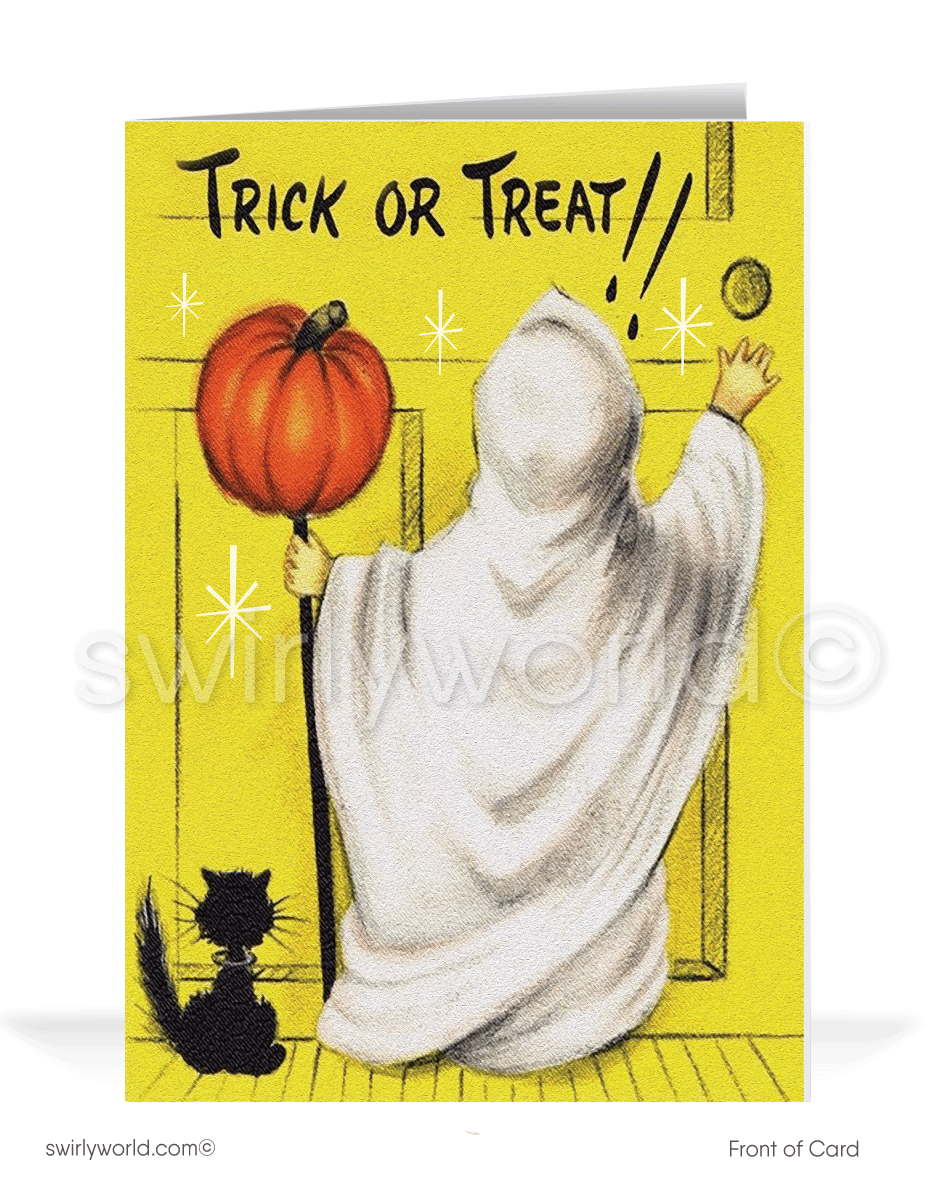 Discover Swirly World's vintage Halloween cards inspired by the 1950s-1960s. Featuring a little ghostly trick-or-treater ringing a doorbell with a spooky black kitty cat by his side. Perfect for mid-century style enthusiasts. Choose single-panel or folded options, with customizable envelopes available.