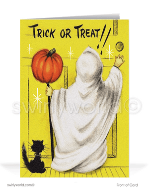 Discover Swirly World's vintage Halloween cards inspired by the 1950s-1960s. Featuring a little ghostly trick-or-treater ringing a doorbell with a spooky black kitty cat by his side. Perfect for mid-century style enthusiasts. Choose single-panel or folded options, with customizable envelopes available.