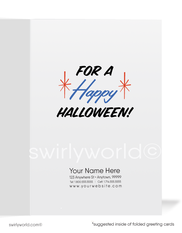 Capture mid-century charm with Swirly World's Vintage Retro Halloween Cards. Featuring a kitschy redhead girl in a witch costume holding a candy-filled pumpkin against an orange backdrop with atomic starbursts. Choose from single-panel or folded options, with customizable envelopes available.