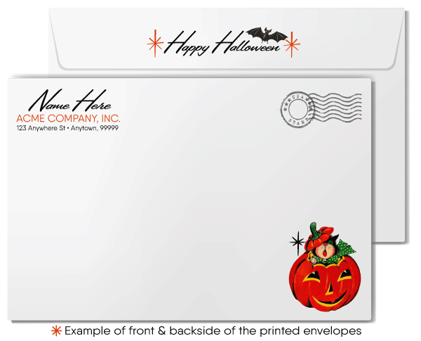 1950s-1960s Vintage Retro Halloween Card with Kitschy Witch and Atomic Starbursts