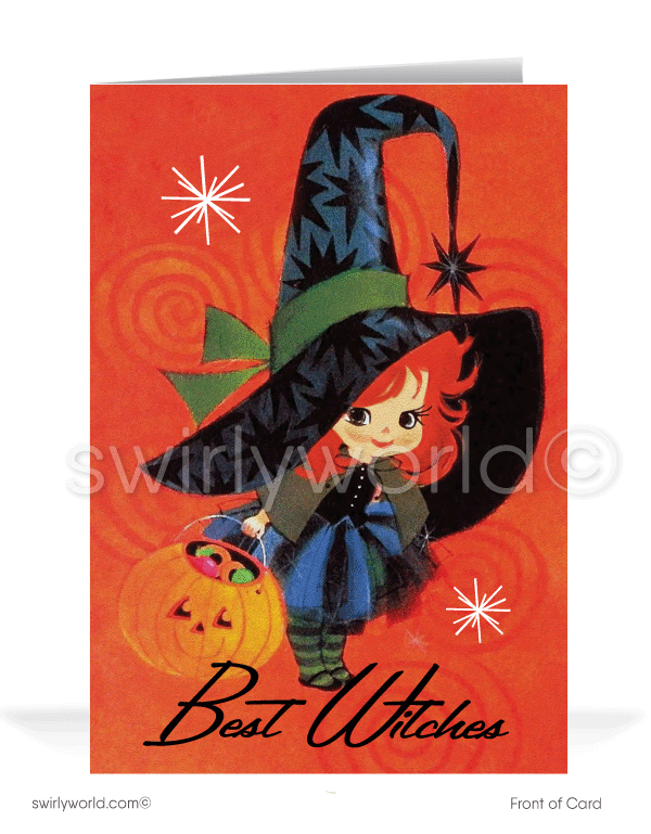 Capture mid-century charm with Swirly World's Vintage Retro Halloween Cards. Featuring a kitschy redhead girl in a witch costume holding a candy-filled pumpkin against an orange backdrop with atomic starbursts. Choose from single-panel or folded options, with customizable envelopes available.