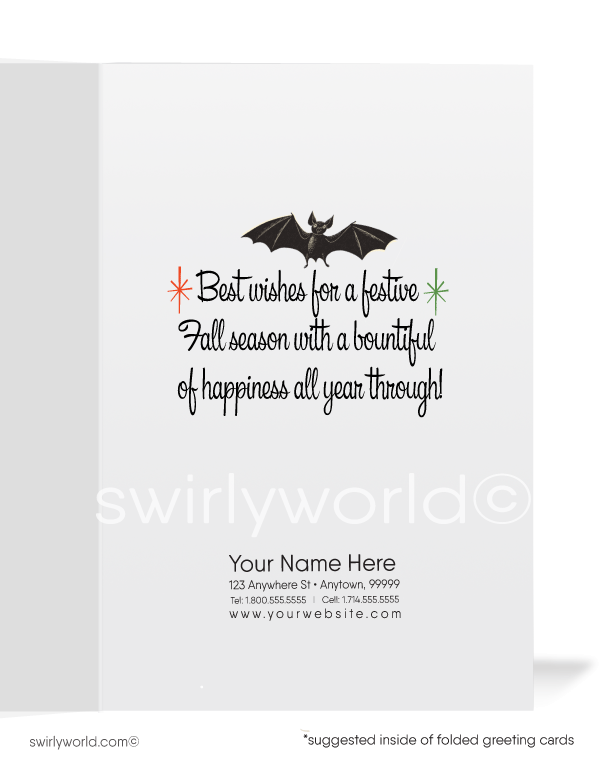 Discover Swirly World's kitschy Halloween greeting cards inspired by the 1940s-1950s MCM era. Featuring a child in a black cat costume carrying a glowing jack-o'-lantern against a starburst sky, these customizable cards bring nostalgic mid-century charm to your Halloween celebrations.