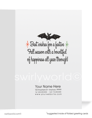 1950s Kitschy Halloween Card with Child in Black Cat Costume and Jack-o'-Lantern