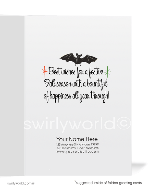 Discover Swirly World's kitschy Halloween greeting cards inspired by the 1940s-1950s MCM era. Featuring a child in a black cat costume carrying a glowing jack-o'-lantern against a starburst sky, these customizable cards bring nostalgic mid-century charm to your Halloween celebrations.