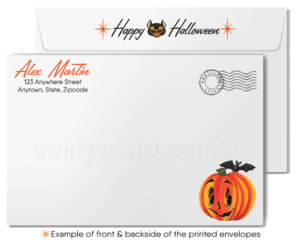 1950s Kitschy Halloween Card with Child in Black Cat Costume and Jack-o'-Lantern