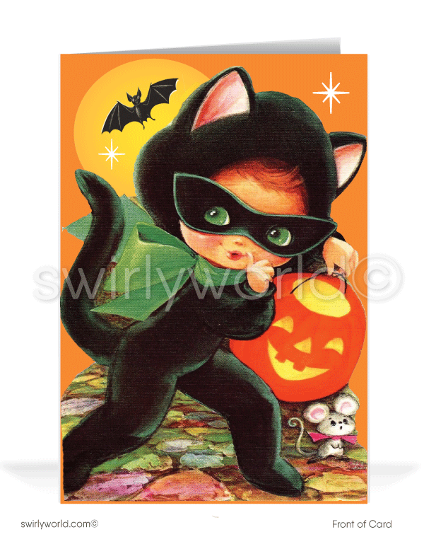 Vintage Retro Black Cat 1950s-1960s Mid-Century Style Printed Happy Halloween Cards