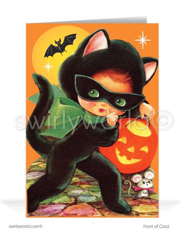 Discover Swirly World's kitschy Halloween greeting cards inspired by the 1940s-1950s MCM era. Featuring a child in a black cat costume carrying a glowing jack-o'-lantern against a starburst sky, these customizable cards bring nostalgic mid-century charm to your Halloween celebrations.