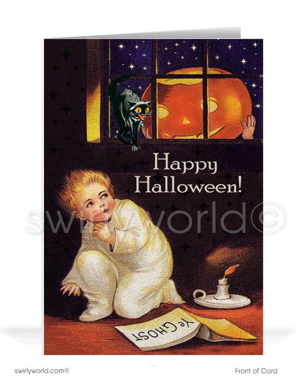 1930’s vintage mid-century retro Art Deco pumpkin Happy Halloween Greeting Cards.