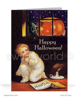 1930’s vintage mid-century retro Art Deco pumpkin Happy Halloween Greeting Cards.