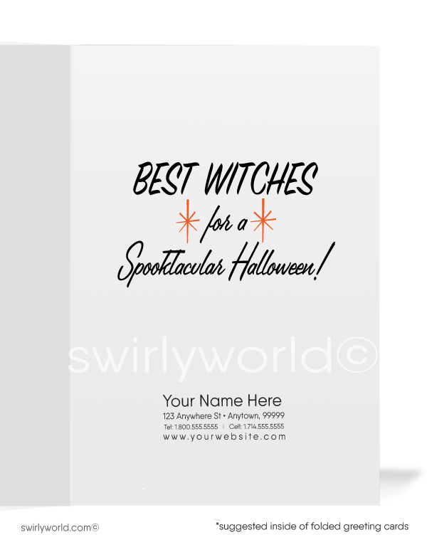 Capture the charm of the 1960s with Swirly World's kitschy Halloween cards. Featuring a playful witch inside a life-sized jack-o'-lantern with atomic starbursts against a dark backdrop. Perfect for mid-century style enthusiasts. Choose single-panel or folded options with customizable envelopes available.