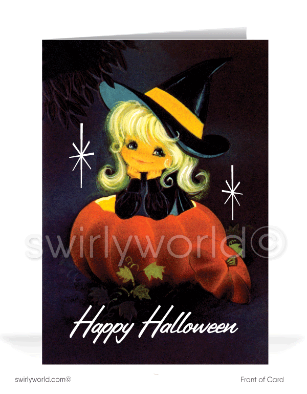 Capture the charm of the 1960s with Swirly World's kitschy Halloween cards. Featuring a playful witch inside a life-sized jack-o'-lantern with atomic starbursts against a dark backdrop. Perfect for mid-century style enthusiasts. Choose single-panel or folded options with customizable envelopes available.