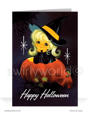 Capture the charm of the 1960s with Swirly World's kitschy Halloween cards. Featuring a playful witch inside a life-sized jack-o'-lantern with atomic starbursts against a dark backdrop. Perfect for mid-century style enthusiasts. Choose single-panel or folded options with customizable envelopes available.