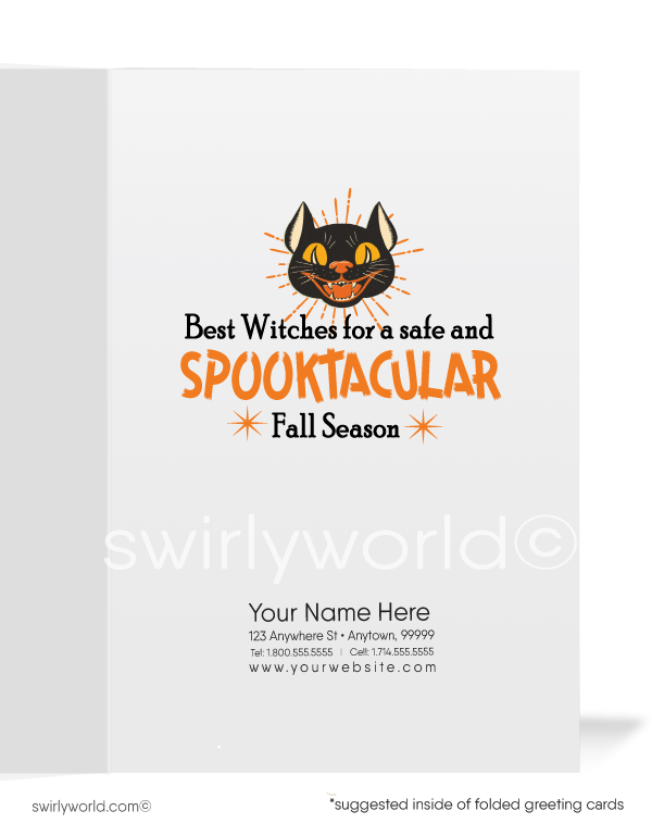 Relive 1940s-1950s Halloween magic with Swirly World's vintage greeting cards. Featuring a ghost holding a "Happy Halloween" sign beside a startled black cat under a starry night sky. Perfect for mid-century style lovers. Choose single-panel or folded options, with customizable envelopes available.