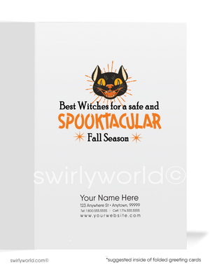 1950s Vintage Halloween Card with Ghost, Black Cat, and "Happy Halloween" Sign