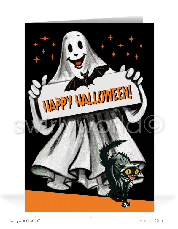 Relive 1940s-1950s Halloween magic with Swirly World's vintage greeting cards. Featuring a ghost holding a "Happy Halloween" sign beside a startled black cat under a starry night sky. Perfect for mid-century style lovers. Choose single-panel or folded options, with customizable envelopes available.