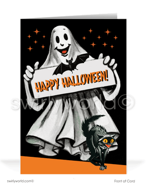Relive 1940s-1950s Halloween magic with Swirly World's vintage greeting cards. Featuring a ghost holding a "Happy Halloween" sign beside a startled black cat under a starry night sky. Perfect for mid-century style lovers. Choose single-panel or folded options, with customizable envelopes available.