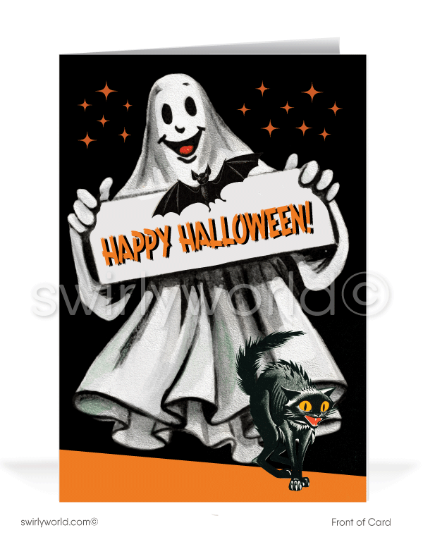  Vintage 1950s-1960s Retro Mid-Century Ghost Printed Halloween Greeting Cards
