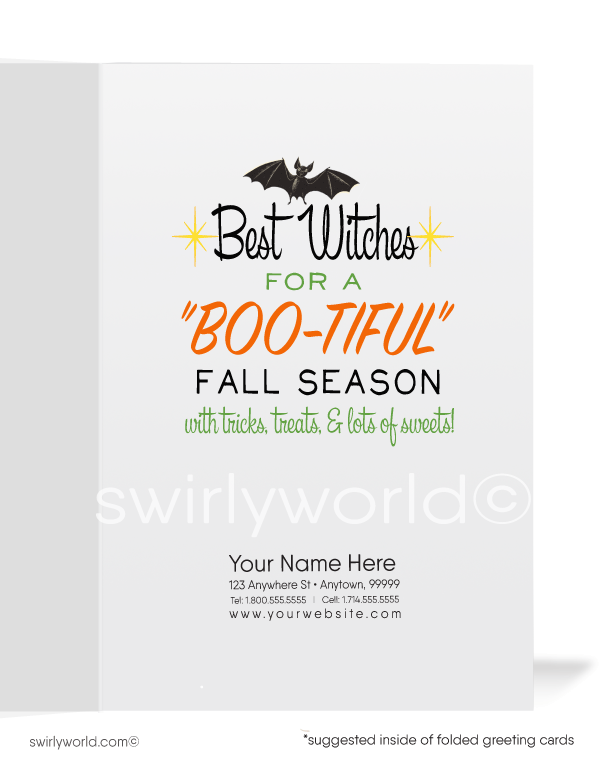 Step into mid-century charm with Swirly World's Vintage Blonde Pin-up Girl 1950's Halloween Cards. Featuring a sultry skeleton pin-up girl, pumpkins, and a black cat under a vibrant yellow moon. Choose single-panel or folded options, with customizable envelopes available for a personalized touch.