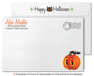 Vintage Blonde Pin-up Girl 1950's Halloween Card with Skeleton, Pumpkins & Black Cat