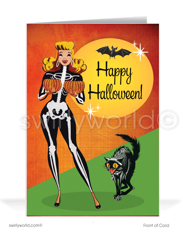 Step into mid-century charm with Swirly World's Vintage Blonde Pin-up Girl 1950's Halloween Cards. Featuring a sultry skeleton pin-up girl, pumpkins, and a black cat under a vibrant yellow moon. Choose single-panel or folded options, with customizable envelopes available for a personalized touch.