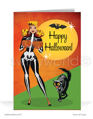 Step into mid-century charm with Swirly World's Vintage Blonde Pin-up Girl 1950's Halloween Cards. Featuring a sultry skeleton pin-up girl, pumpkins, and a black cat under a vibrant yellow moon. Choose single-panel or folded options, with customizable envelopes available for a personalized touch.