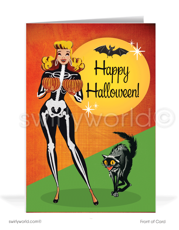 1940’s vintage mid-century retro blonde pinup girl skeleton Happy Halloween Greeting Cards.