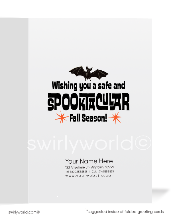 Send vintage Halloween greetings with Swirly World's exclusive 1950s-style card featuring a black kitty and a witch flying across the moon. Available in flat or folded styles with optional custom envelopes. Perfect for adding a retro touch to your fall celebrations and making a spooktacular impression!