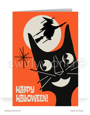 Send vintage Halloween greetings with Swirly World's exclusive 1950s-style card featuring a black kitty and a witch flying across the moon. Available in flat or folded styles with optional custom envelopes. Perfect for adding a retro touch to your fall celebrations and making a spooktacular impression!