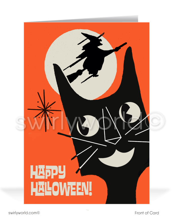 1960’s vintage atomic mid-century retro black cat Happy Halloween greeting cards.