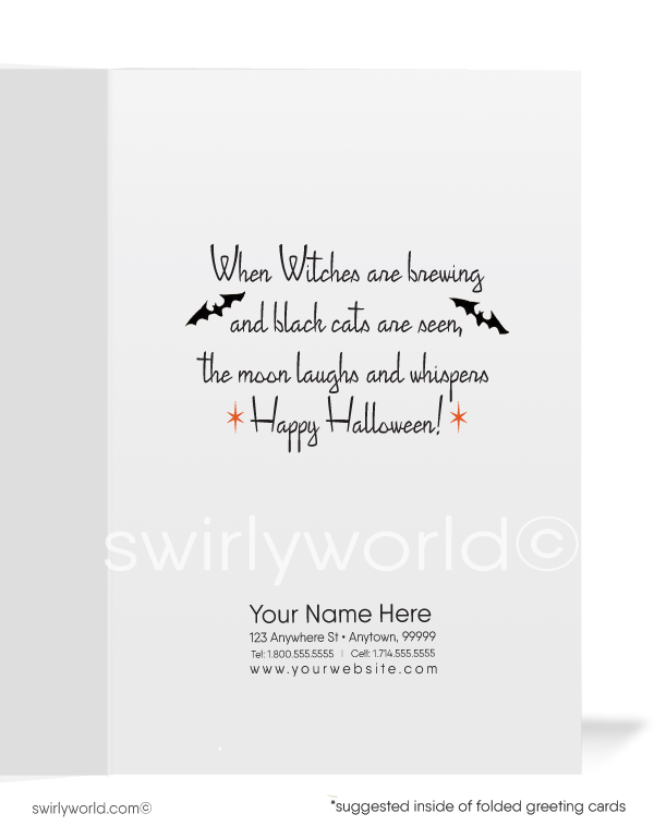 Discover enchanting Art Deco Halloween greeting cards from Swirly World. Featuring a bewitching witch, moonlit bats, and a haunted house, these vintage-inspired cards transport you to the 1920s-1930s era. Choose from single-panel or folded options, with customizable envelopes available.