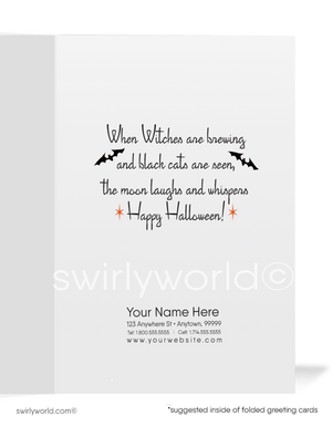 Vintage 1930s-1940s Art Deco Halloween Greeting Card with Witch, Bats & Haunted House