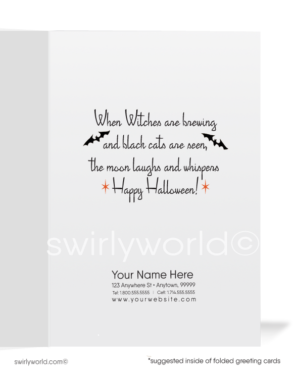 Discover enchanting Art Deco Halloween greeting cards from Swirly World. Featuring a bewitching witch, moonlit bats, and a haunted house, these vintage-inspired cards transport you to the 1920s-1930s era. Choose from single-panel or folded options, with customizable envelopes available.