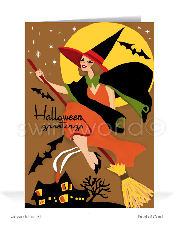 Discover enchanting Art Deco Halloween greeting cards from Swirly World. Featuring a bewitching witch, moonlit bats, and a haunted house, these vintage-inspired cards transport you to the 1920s-1930s era. Choose from single-panel or folded options, with customizable envelopes available.
