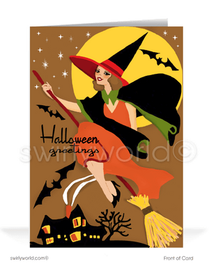Discover enchanting Art Deco Halloween greeting cards from Swirly World. Featuring a bewitching witch, moonlit bats, and a haunted house, these vintage-inspired cards transport you to the 1920s-1930s era. Choose from single-panel or folded options, with customizable envelopes available.
