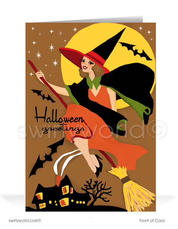 1940’s vintage mid-century retro Art Deco pin-up girl witch Happy Halloween greeting cards.