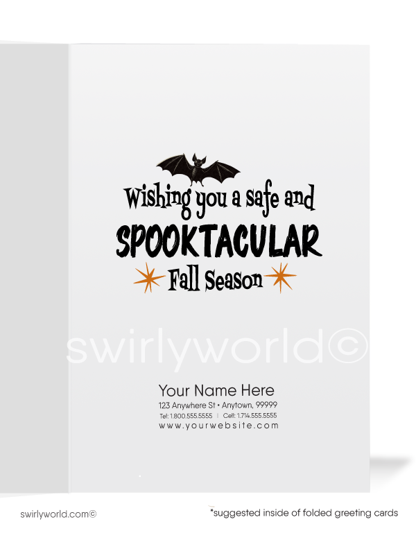 Add vintage charm to your Halloween with Swirly World's mid-century style greeting cards. Featuring a ghost holding a pumpkin and "BOO!" in retro lettering, these 1950s-inspired cards are perfect for mid-century enthusiasts. Choose single-panel or folded options with customizable envelopes.