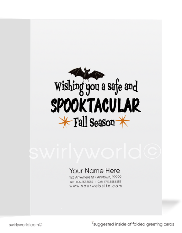 Add vintage charm to your Halloween with Swirly World's mid-century style greeting cards. Featuring a ghost holding a pumpkin and "BOO!" in retro lettering, these 1950s-inspired cards are perfect for mid-century enthusiasts. Choose single-panel or folded options with customizable envelopes.