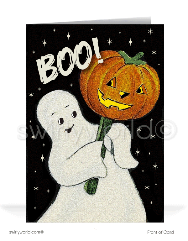 1940’s vintage mid-century retro Ghost and Pumpkin Happy Halloween Greeting Cards.