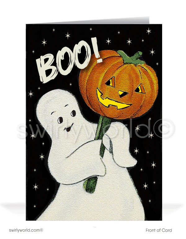 Add vintage charm to your Halloween with Swirly World's mid-century style greeting cards. Featuring a ghost holding a pumpkin and "BOO!" in retro lettering, these 1950s-inspired cards are perfect for mid-century enthusiasts. Choose single-panel or folded options with customizable envelopes.