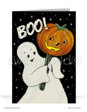 Add vintage charm to your Halloween with Swirly World's mid-century style greeting cards. Featuring a ghost holding a pumpkin and "BOO!" in retro lettering, these 1950s-inspired cards are perfect for mid-century enthusiasts. Choose single-panel or folded options with customizable envelopes.