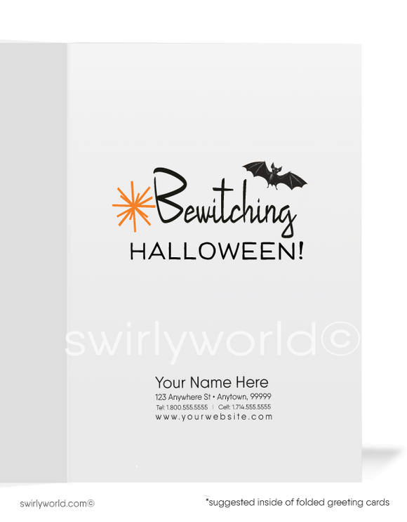 Enchant Halloween with Swirly World's vintage-style Pin-up cards. Featuring a beguiling witch pin-up stirring her cauldron, petting a spooky black kitty, with a jack-o'-lantern and full moon. Perfect for mid-century style enthusiasts. Choose single-panel or folded options, with customizable envelopes available.