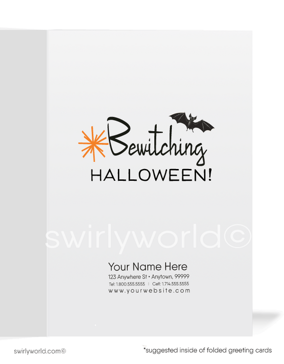 1940’s vintage mid-century retro bewitched pinup witch with black kitty cat and cute pumpkin Happy Halloween Greeting Cards.