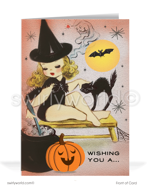 1940’s vintage mid-century retro bewitched pinup witch with black kitty cat and cute pumpkin Happy Halloween Greeting Cards.