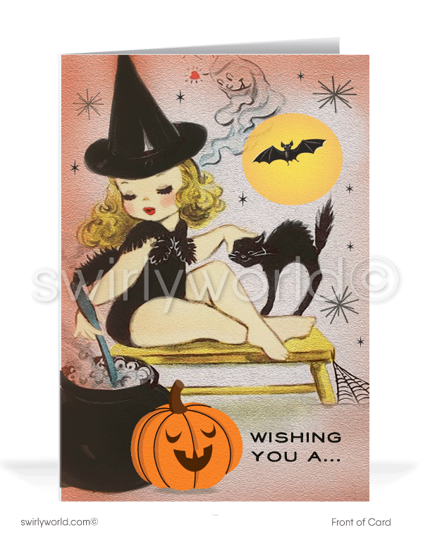 Enchant Halloween with Swirly World's vintage-style Pin-up cards. Featuring a beguiling witch pin-up stirring her cauldron, petting a spooky black kitty, with a jack-o'-lantern and full moon. Perfect for mid-century style enthusiasts. Choose single-panel or folded options, with customizable envelopes available.