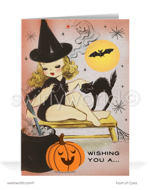 Enchant Halloween with Swirly World's vintage-style Pin-up cards. Featuring a beguiling witch pin-up stirring her cauldron, petting a spooky black kitty, with a jack-o'-lantern and full moon. Perfect for mid-century style enthusiasts. Choose single-panel or folded options, with customizable envelopes available.