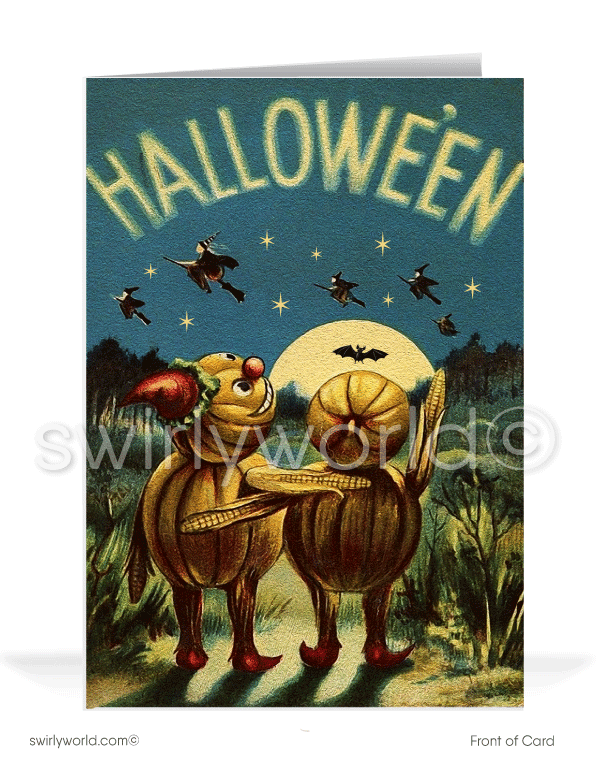 Vintage 1930s Pumpkin Couple and Witches Halloween Greeting Card