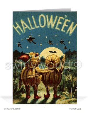 Vintage 1930s Pumpkin Couple and Witches Halloween Greeting Card
