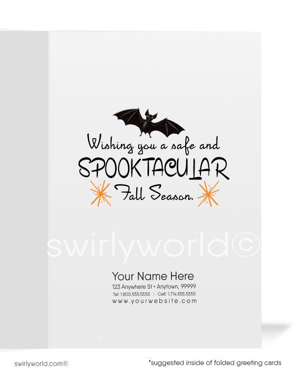 Celebrate the nostalgic charm of Halloween with Swirly World's 1950s-1960s style Vintage Cards. Featuring a cute group of Trick-or-Treaters under a starlit sky, full moon, and retro "Happy Halloween" typography. Choose single-panel or folded options, with customizable envelopes available.